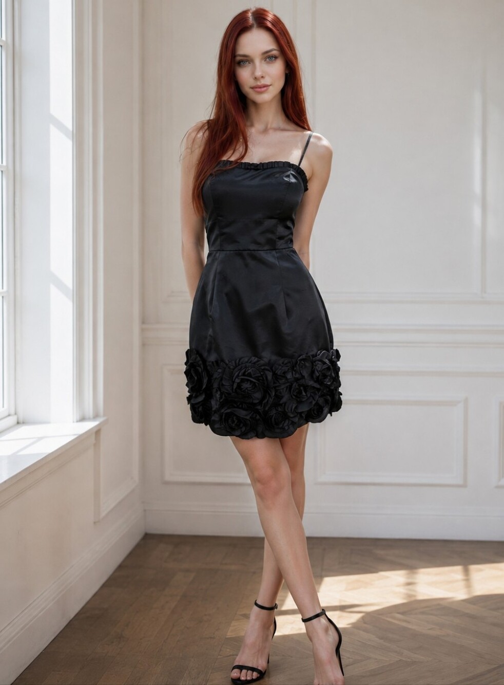 NWT Max & Cleo Black Rosette Mini Dress Size 6 Spaghetti Strap Boned Bodice